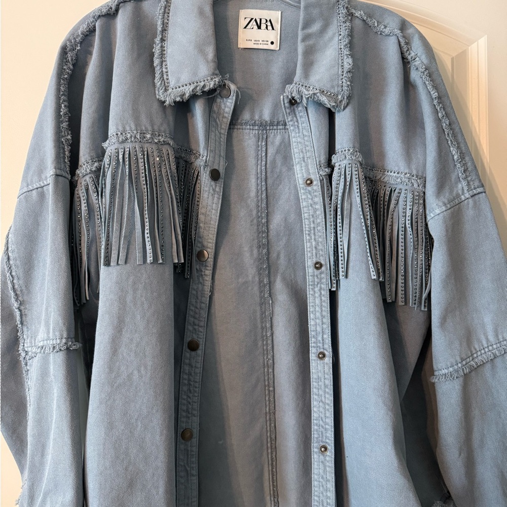 Zara Soft Blue Denim Jacket Sequin Fringe